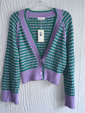 NEW RAMY BROOK Kiera Cardigan in Striped Lilac & Green Sz: M, Summer Knit